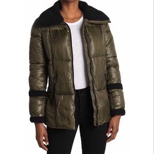 NEW French Connection Olive Green Puffer Black Faux Shearling Trim Jacket Size M